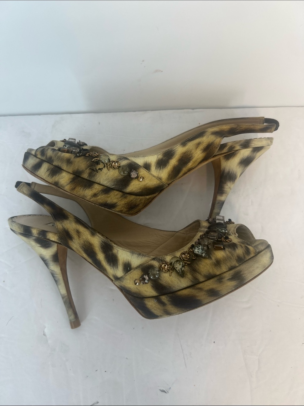 Oscar de la Renta Jeweled Slingback animal print Heels Vintage - Picture 7 of 14